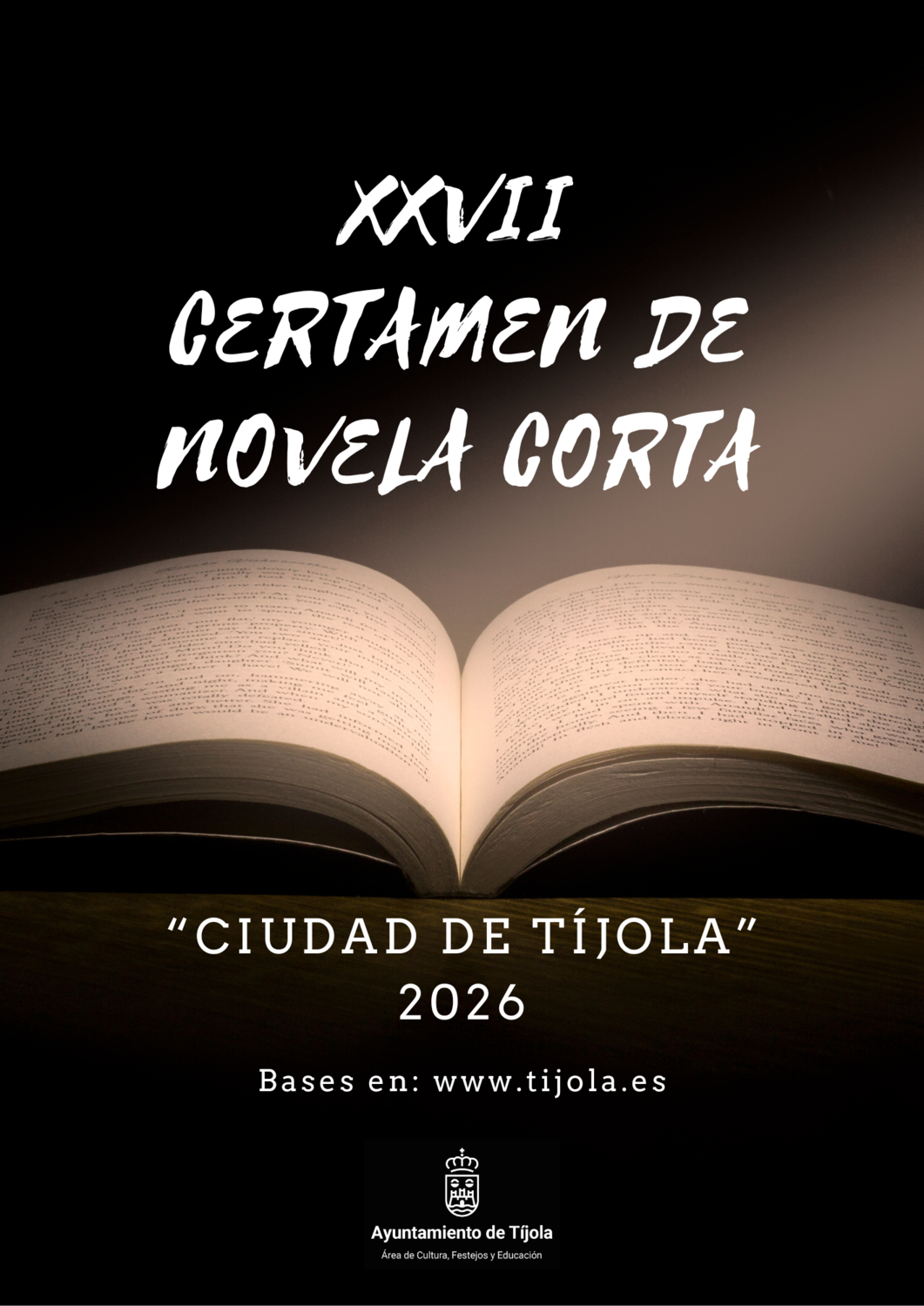 Imagen del Cartel del Certamen de Novela Corta 2026. Fondo con Imagen de libro abierto.